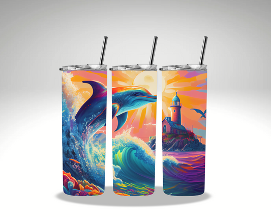 Sunset Dolphin Tumbler with Straw