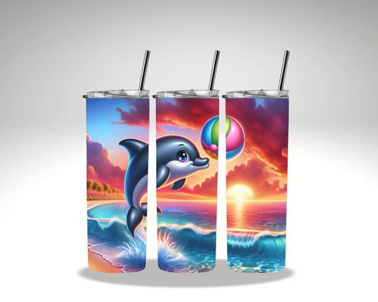 Beach Sunset Dolphin Tumbler with Straw