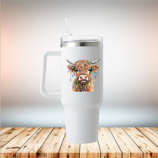 Highland Cow Christmas Lights 40oz Travel Mug