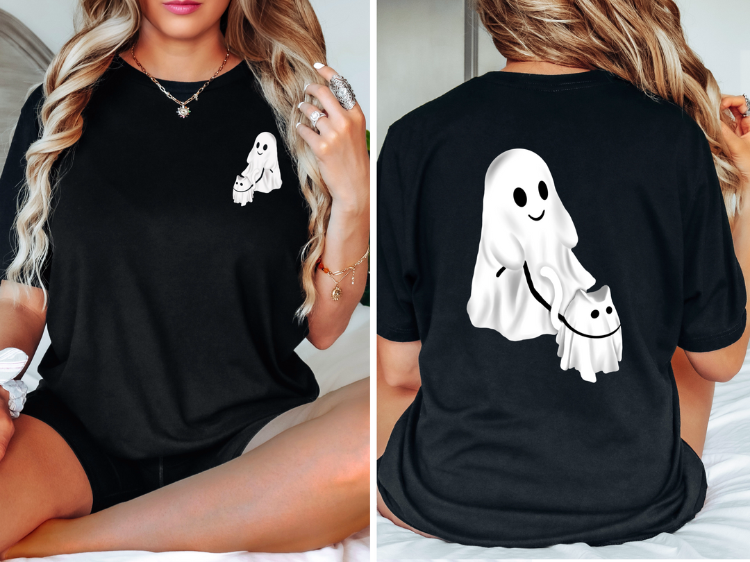 Ghost Cat Left Pocket and Back Print T-Shirt (Boutique)